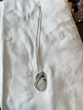Cream Blue Fused Art Glass Pendant Necklace | Artisan Statement Jewelry